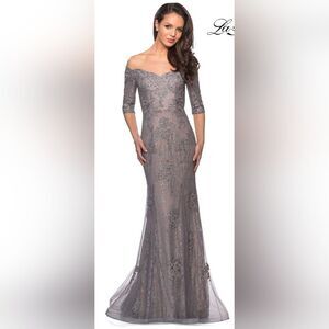 La Femme 24866 Off The Shoulder Embroidered Dress NWT size 12 Silver/Pink